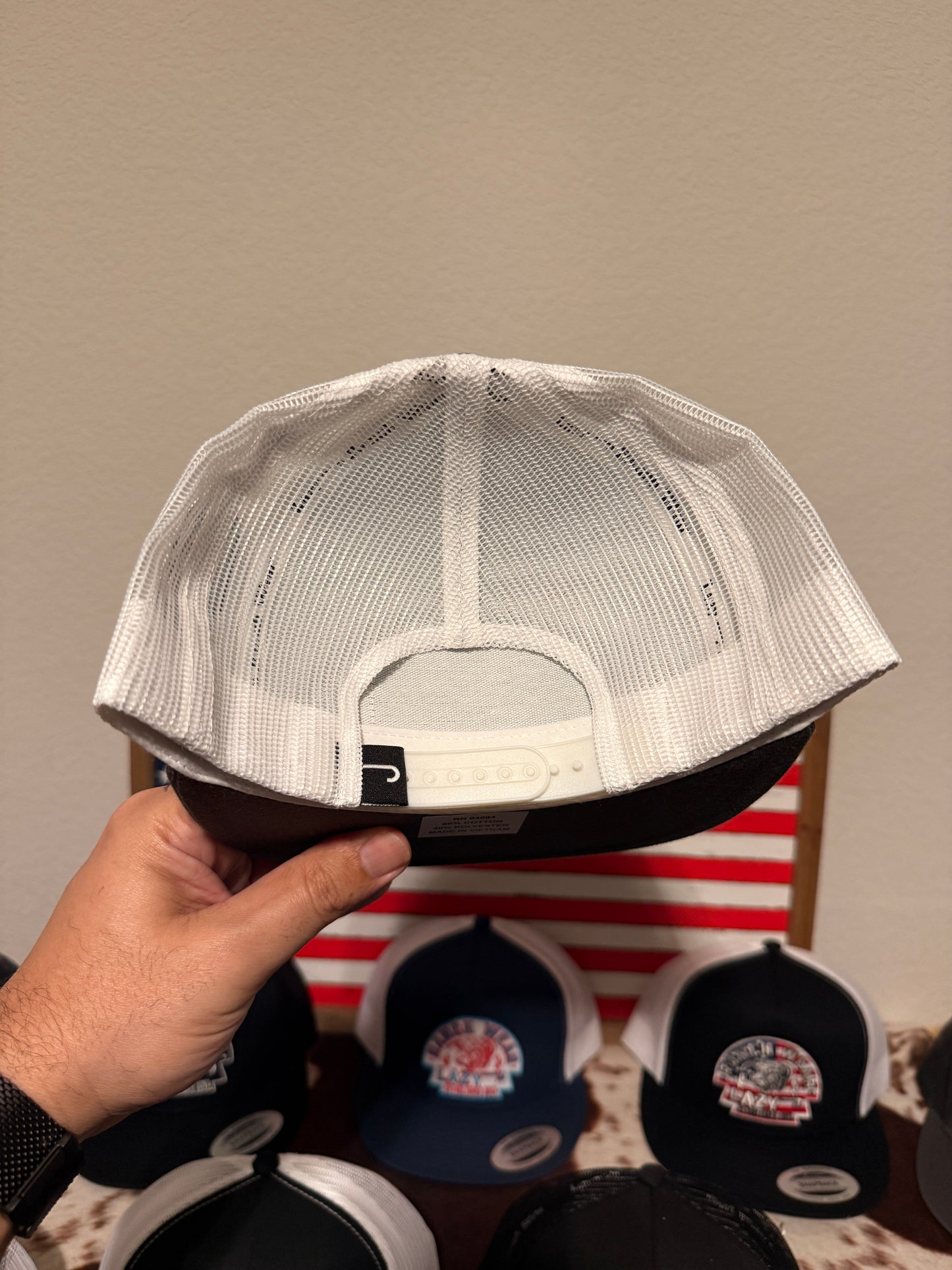 Lazy J Ranch Grey White Bull Trap Patch Classic Five Panel Trucker Hat