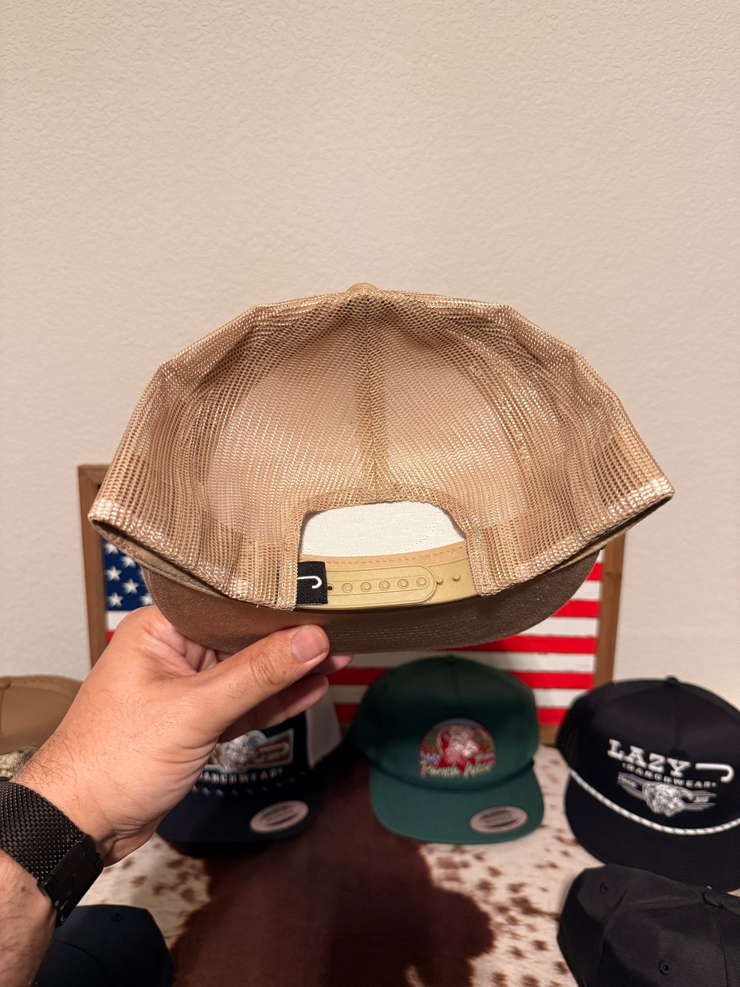 Lazy J Ranch Tan Olive Iconic Breed Patch Classic Five Panel Trucker Hat