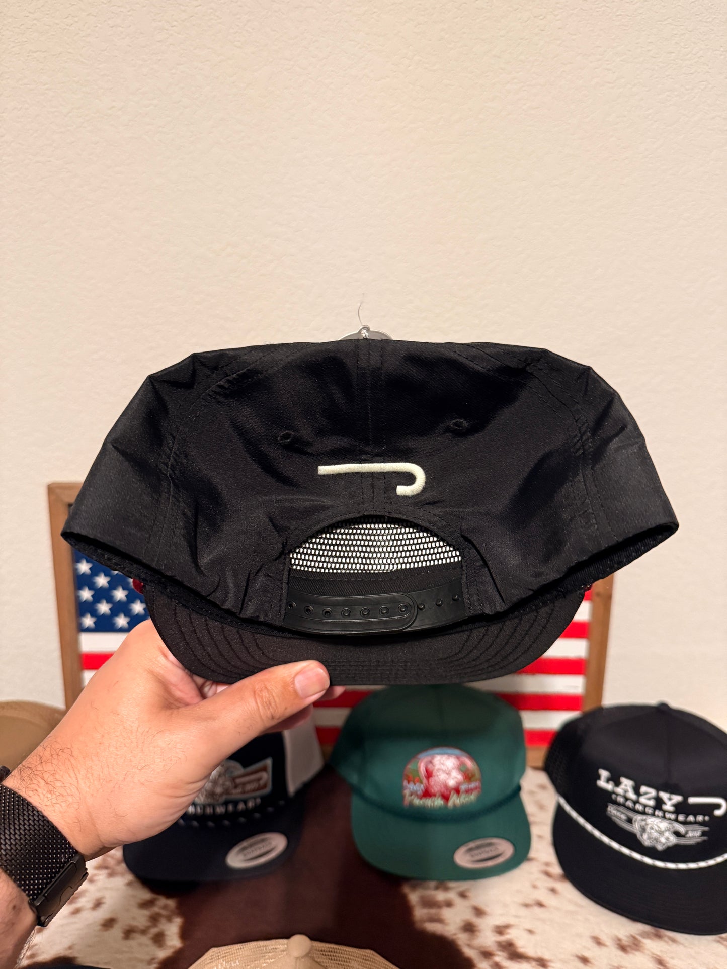 Lazy J Ranch Black Red Premium Ranch Rope Trucker Hat