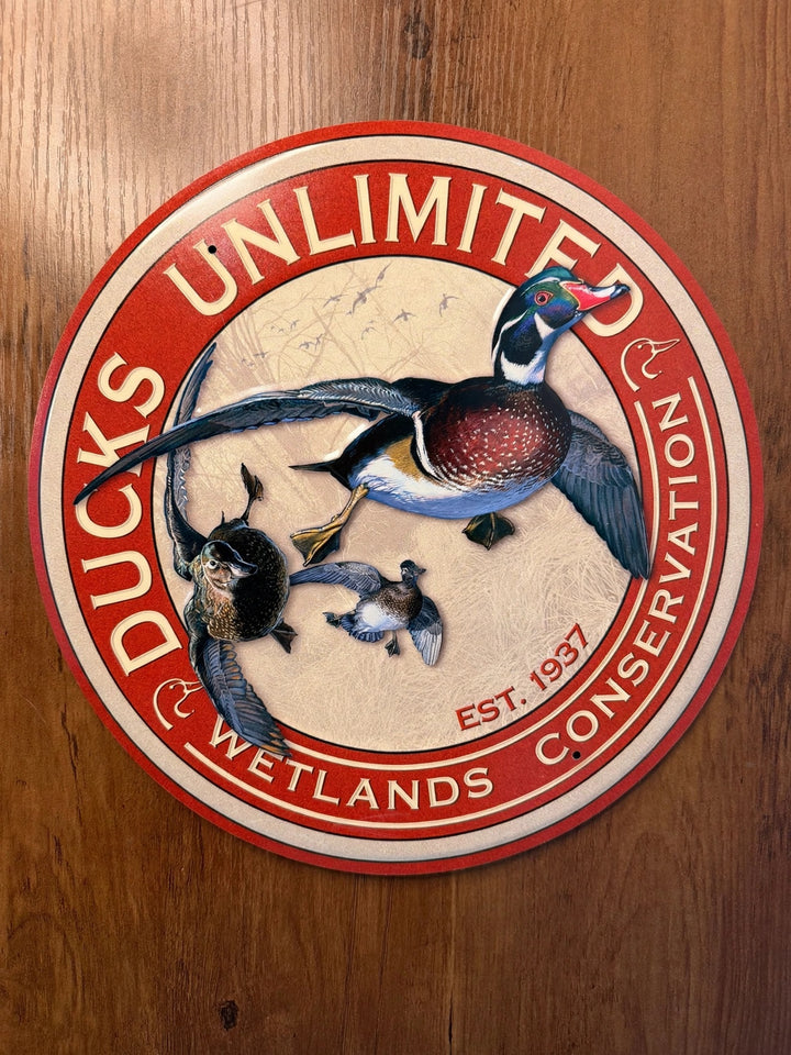 Ducks Unlimited round tin sign - real product photo
