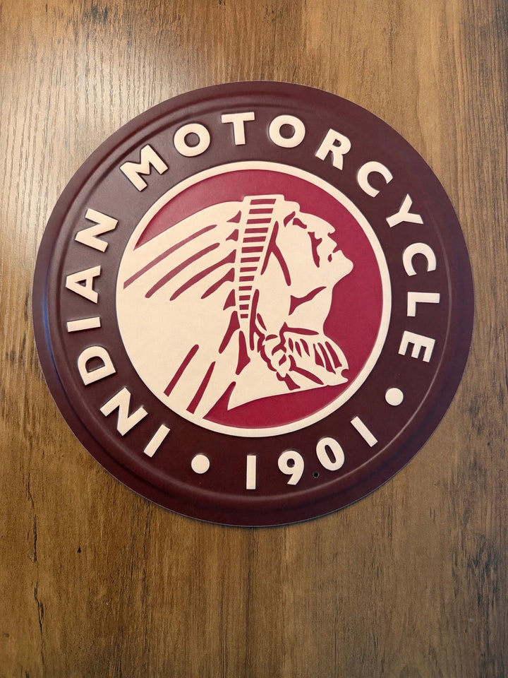 Indian Motorcycle round tin sign - real product photo