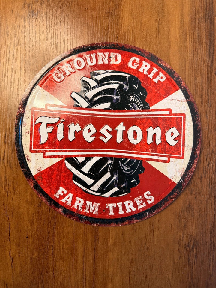 Firestone Farm Tires Ground Grip round embossed metal sign