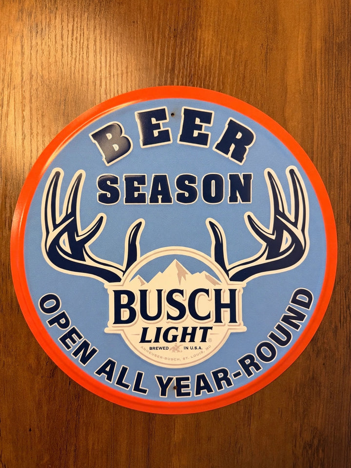 Busch Light Beer Season Open All Year-Round round tin sign with antlers