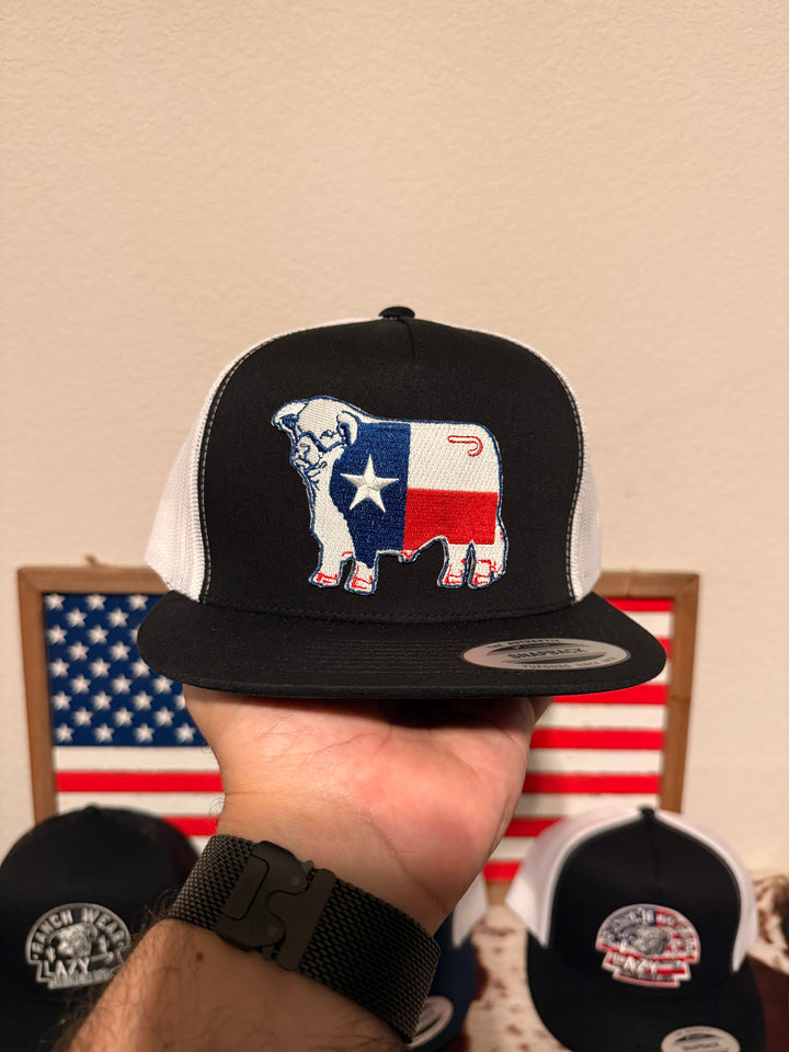 Lazy J Ranch Black White Texas Flag Bull Classic Five Panel Trucker Hat