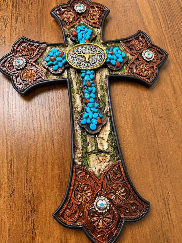 Resin Tooled Leather Longhorn Concho Turquoise Cross Decor - Photo 2