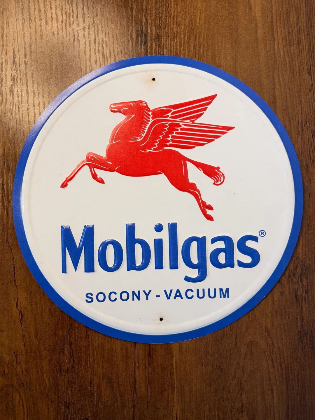 Mobilgas red Pegasus Socony-Vacuum round tin sign