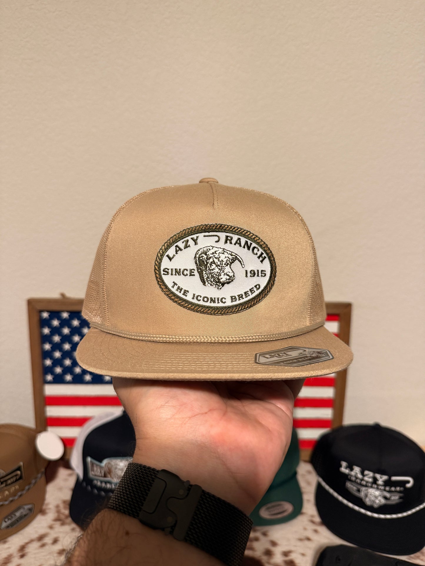 Lazy J Ranch Tan Olive Iconic Breed Patch Classic Five Panel Trucker Hat