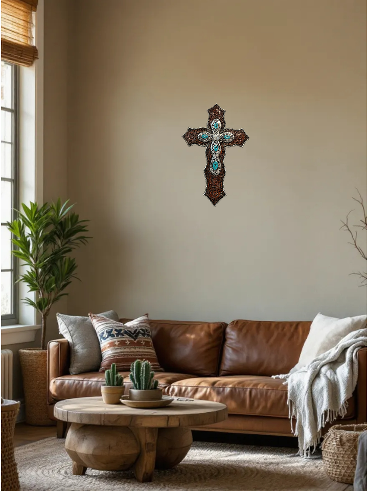 Western Decorative Cross for Wall – Turquoise & Silver Trim