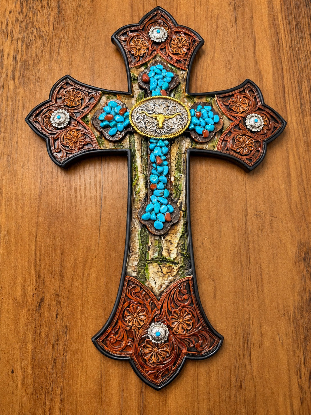 Resin Tooled Leather Longhorn Concho Turquoise Cross Decor - Photo