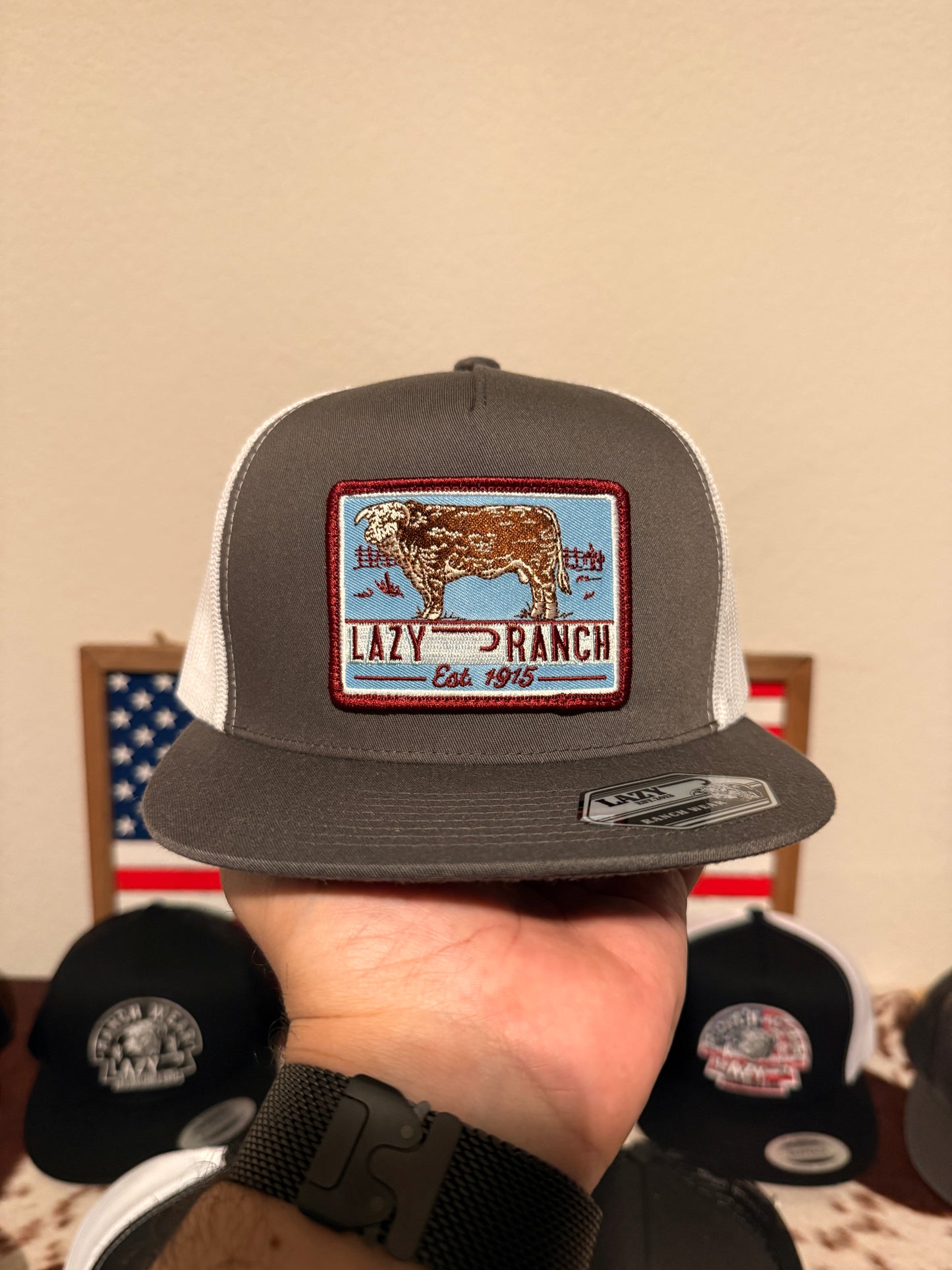 Lazy J Ranch Grey White Bull Trap Patch Classic Five Panel Trucker Hat