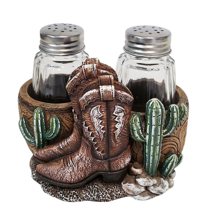 Brown Boots & Cactus Jars Salt and Pepper Shaker Holder Set