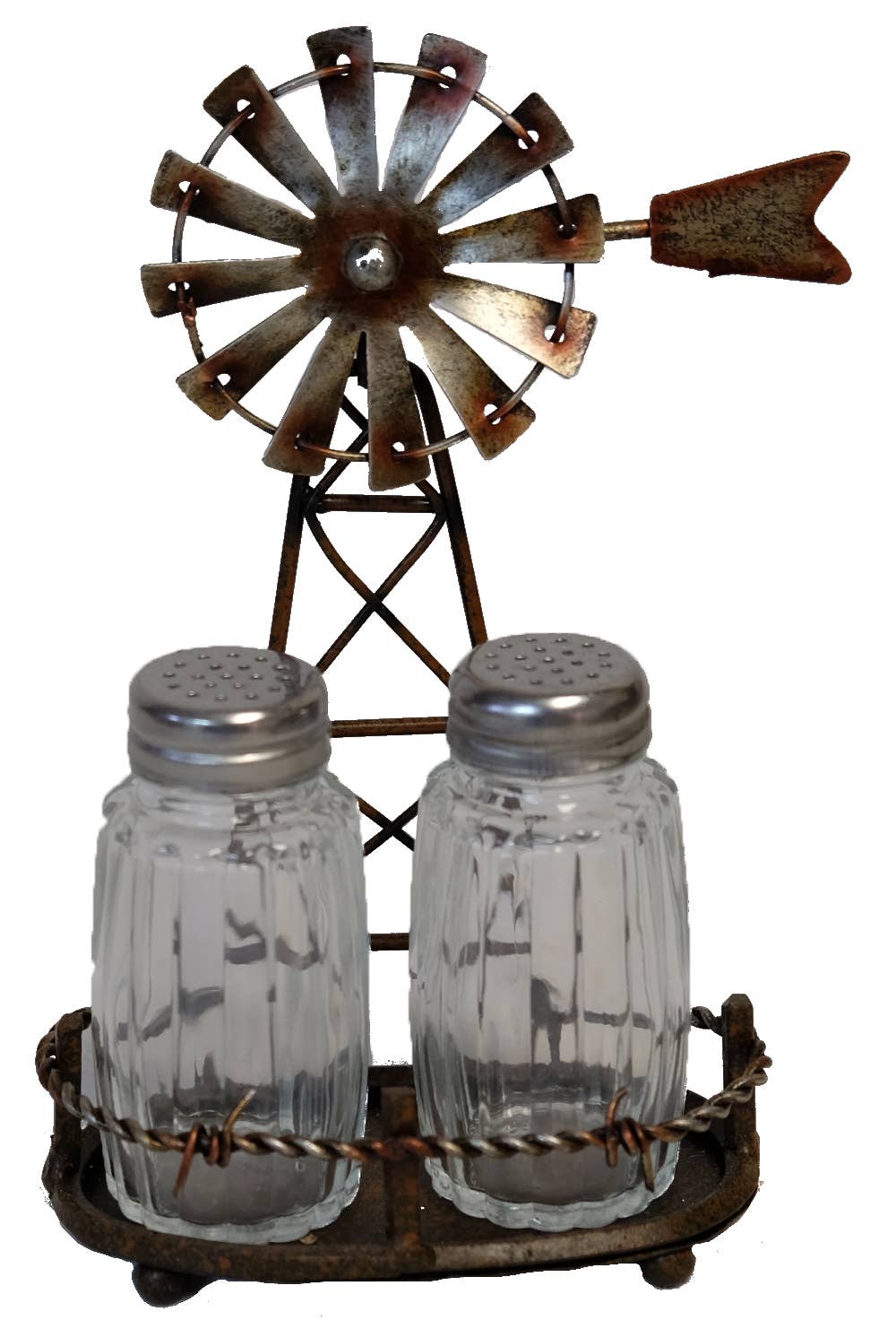Rustic Country Windmill Salt and Pepper Shaker Holder Set