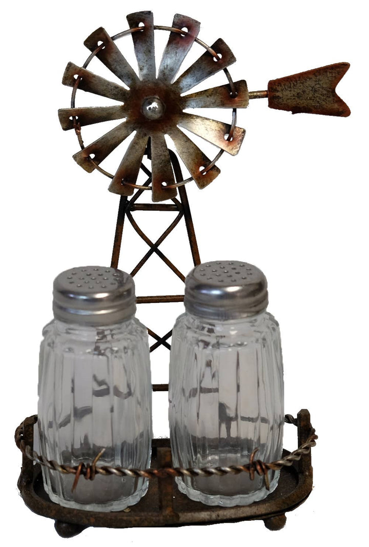 Rustic Country Windmill Salt and Pepper Shaker Holder Set