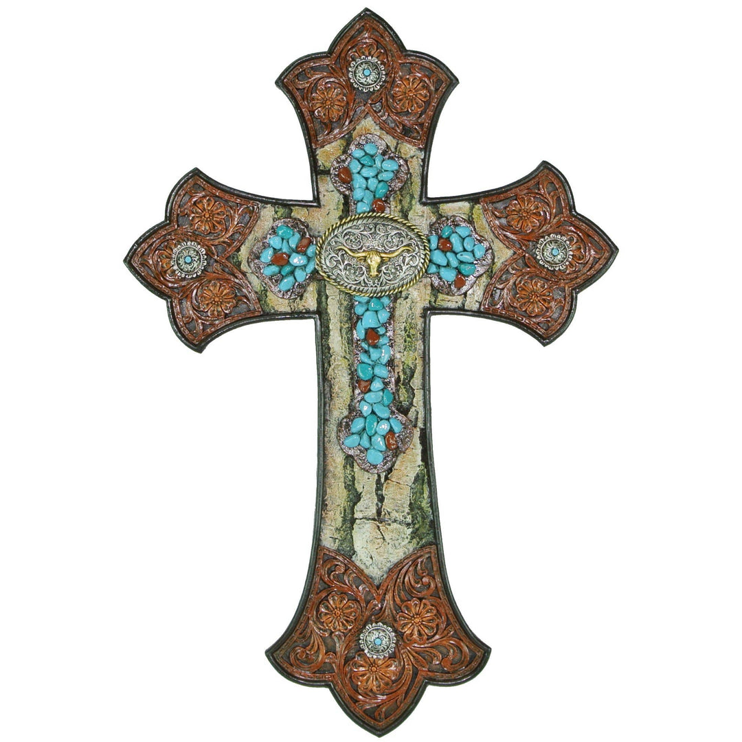 Resin Tooled Leather Longhorn Concho Turquoise Cross Décor