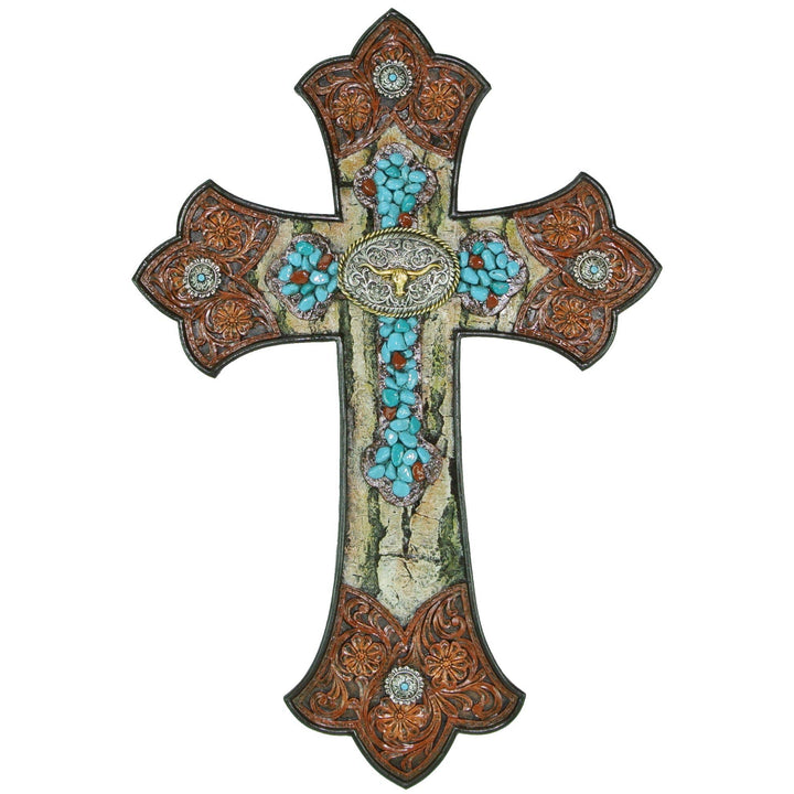 Resin Tooled Leather Longhorn Concho Turquoise Cross Décor