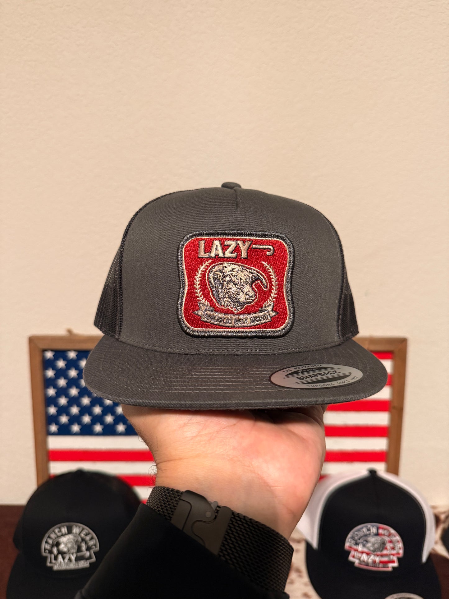 Lazy J Ranch Dark Grey Red America's Best Brand Classic Five Panel Trucker Hat