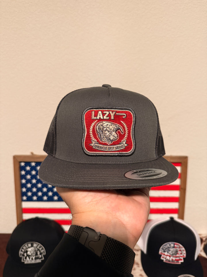 Lazy J Ranch Dark Grey Red America's Best Brand Classic Five Panel Trucker Hat
