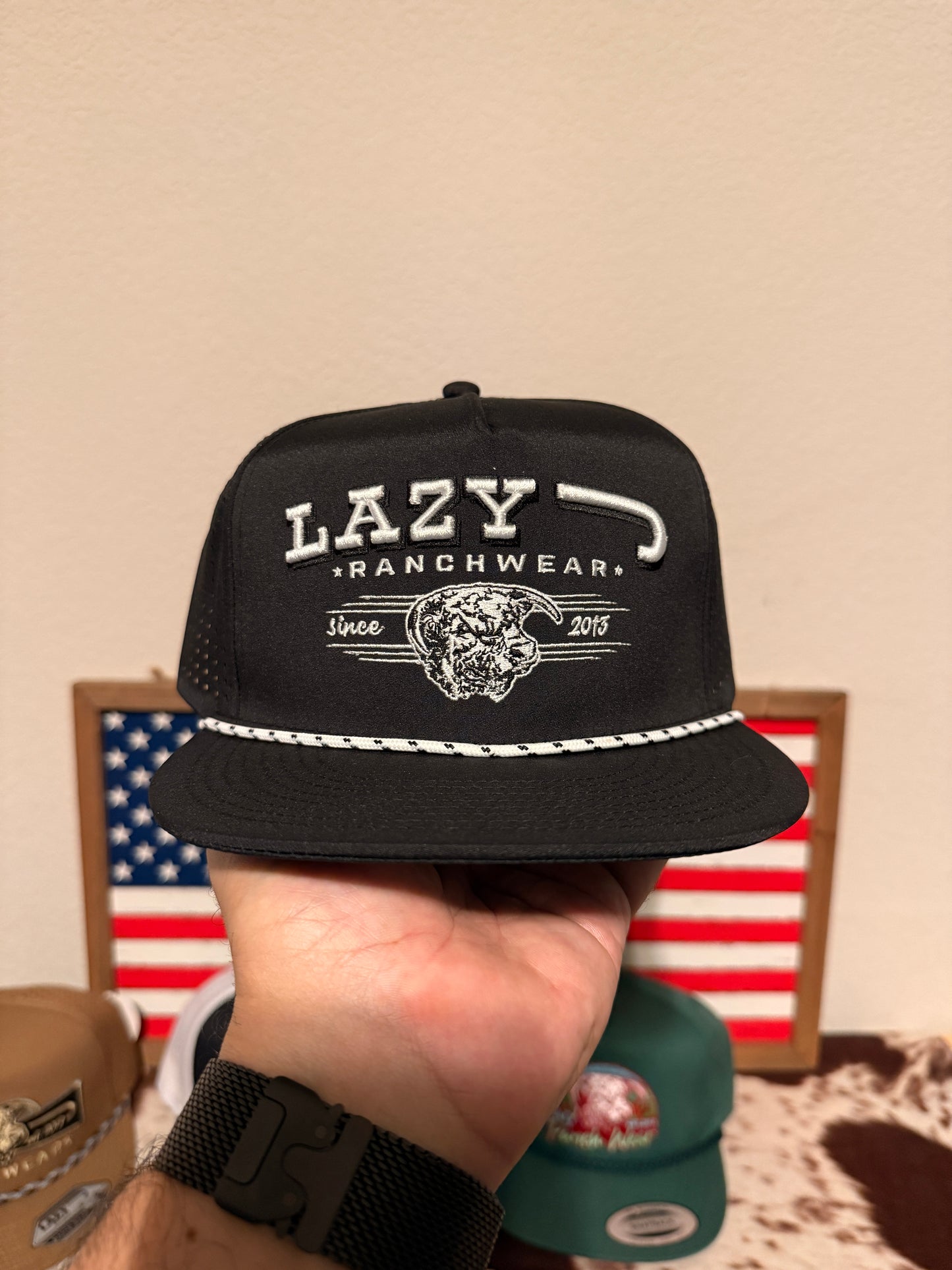 Lazy J Ranch Black Hereford Bull Western Performance Rope Trucker Hat