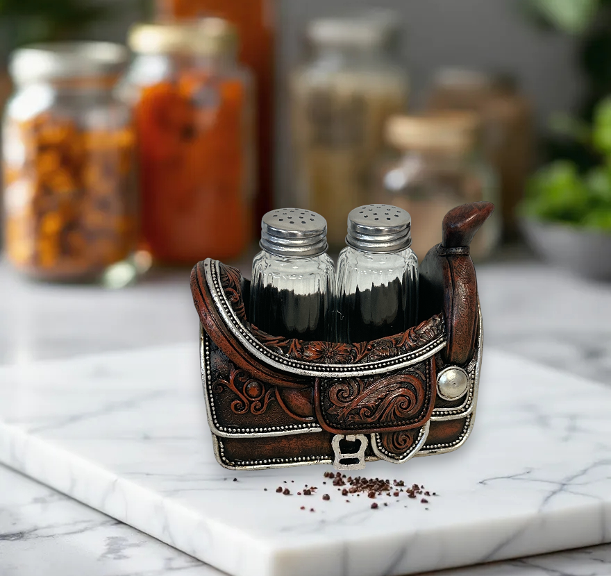 Faux Leather Horse Saddle Salt and Pepper Shaker Holder Set