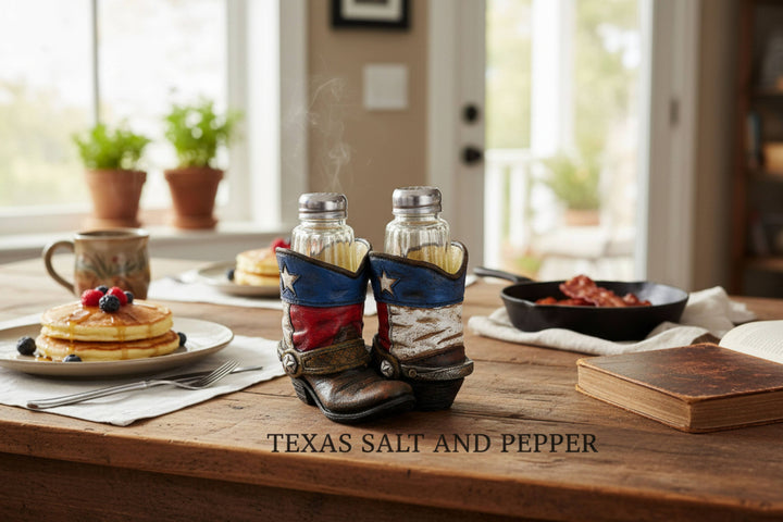 Texas Colors Cowboy Boots Salt and Pepper Shaker Holder Set