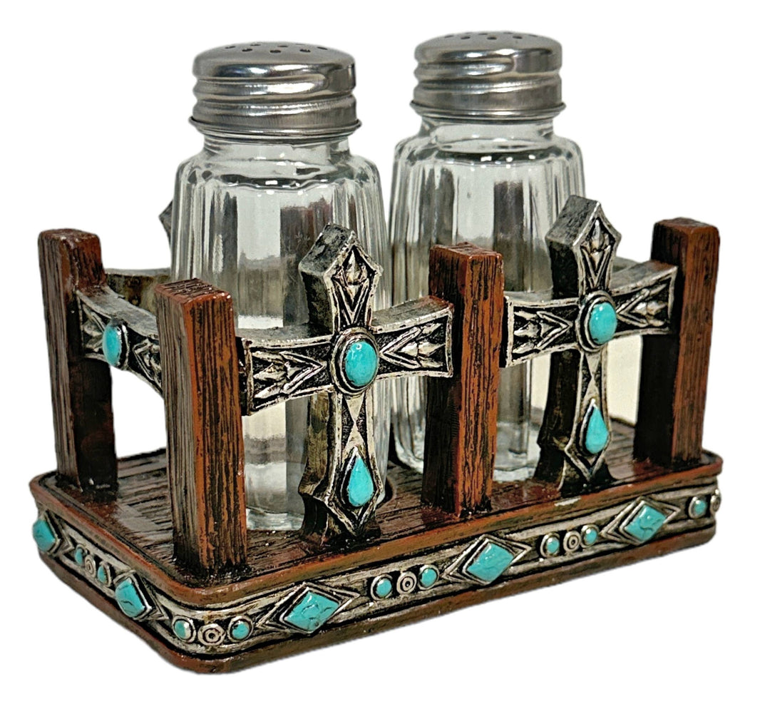 Turquoise Dot Stones Cross Salt and Pepper Shaker Holder Set