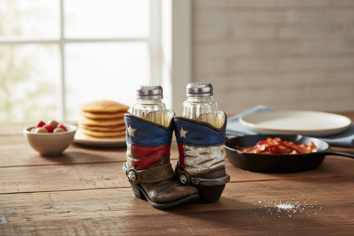 Texas Colors Cowboy Boots Salt and Pepper Shaker Holder Set
