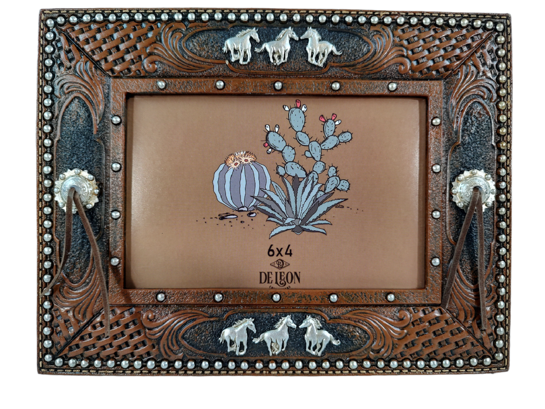 Faux Leather Western Concho Horses 6” x 4” Picture Frame