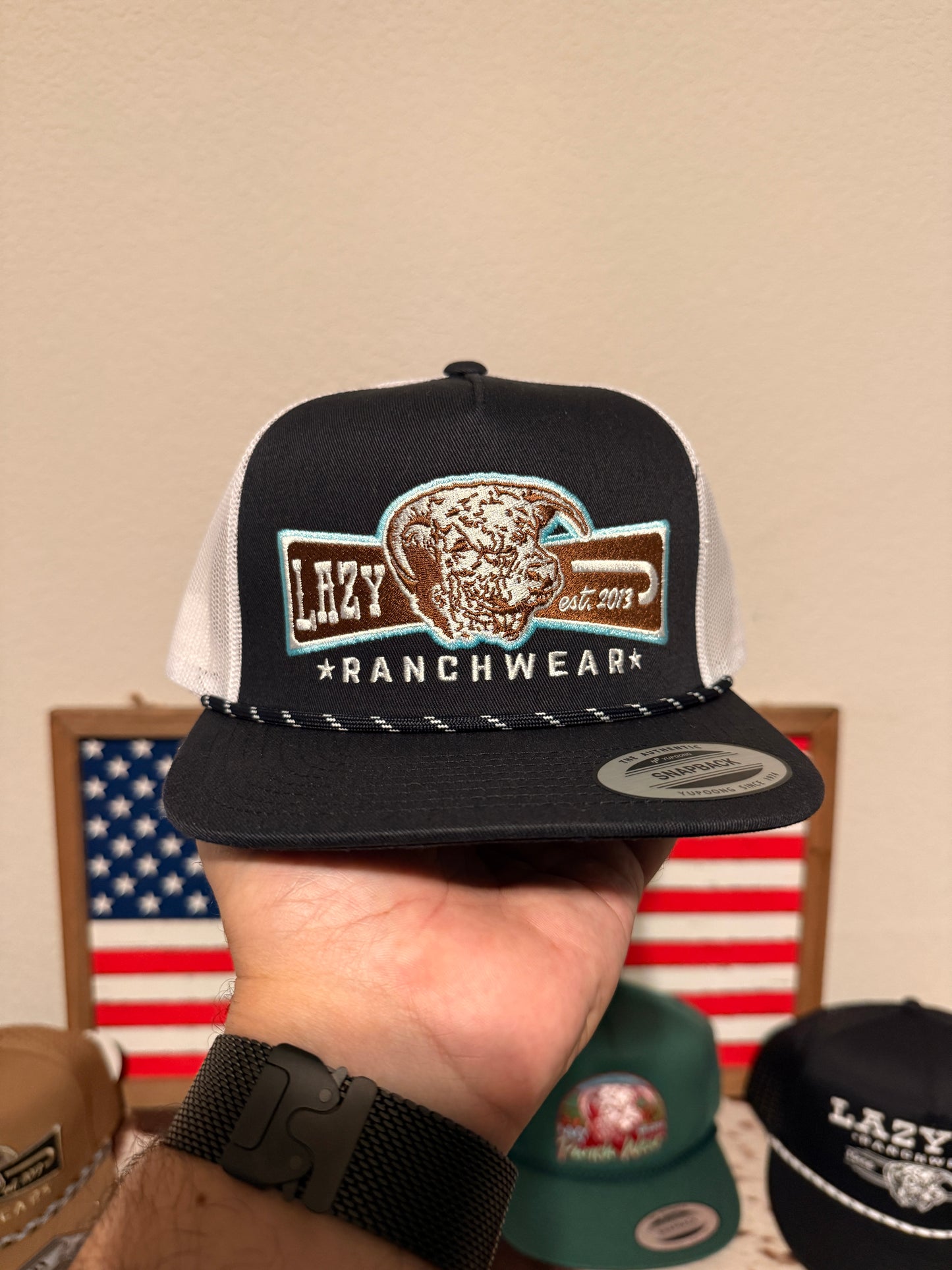 Lazy J Ranch Navy & White Diamond Banner Classic Rope Trucker Hat