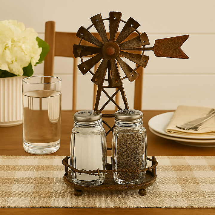 Rustic Country Windmill Salt and Pepper Shaker Holder Set