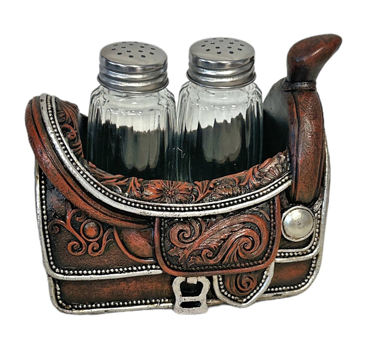 Faux Leather Horse Saddle Salt and Pepper Shaker Holder Set