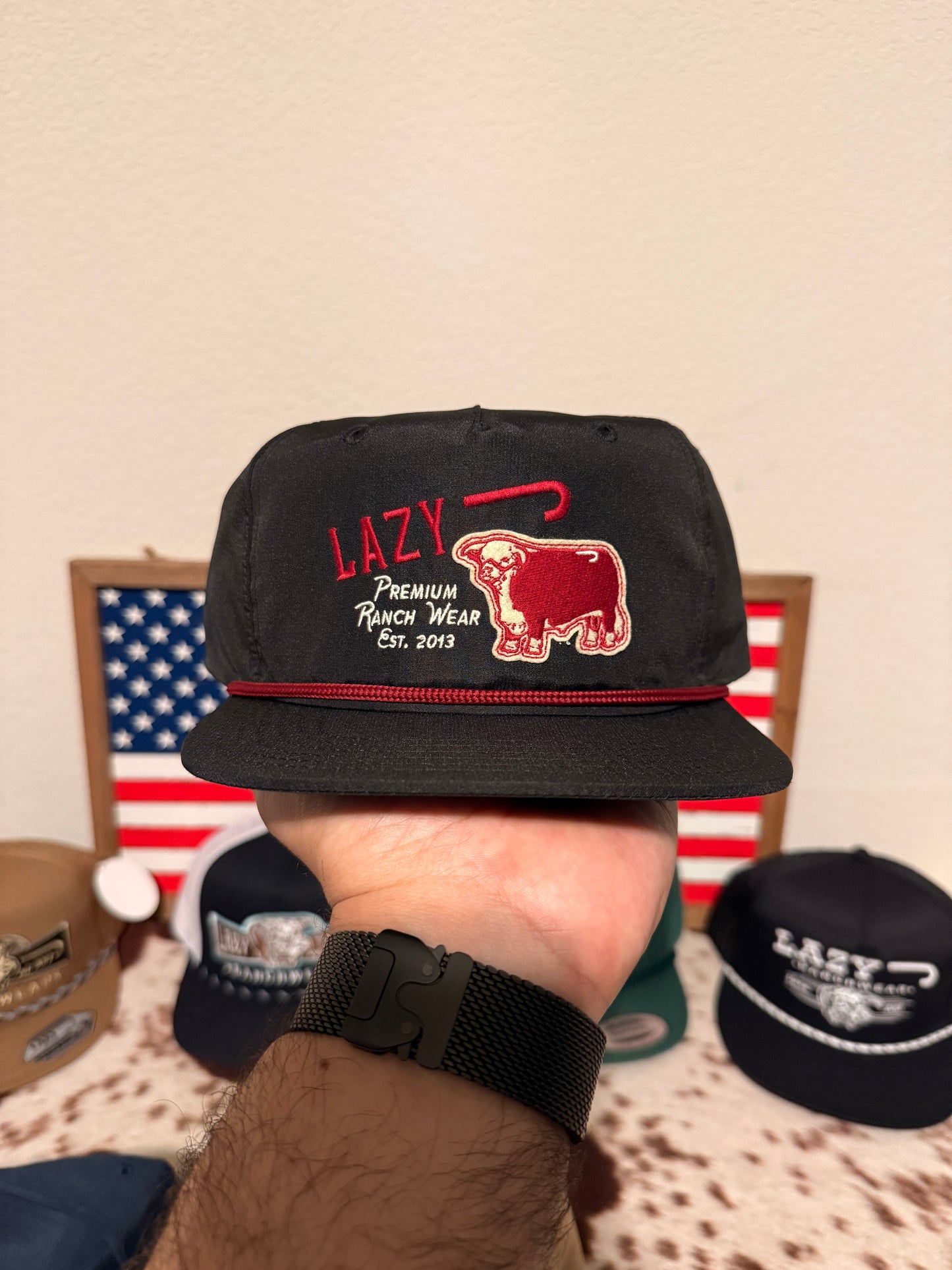 Lazy J Ranch Black Red Premium Ranch Rope Trucker Hat