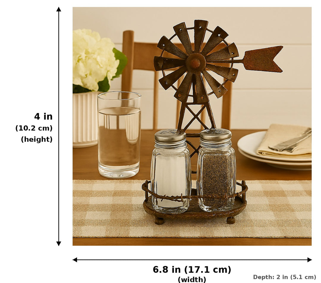 Rustic Country Windmill Salt and Pepper Shaker Holder Set - Measurements