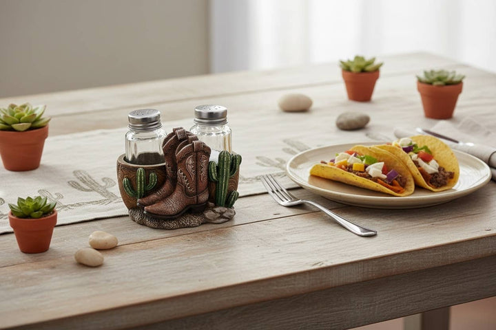 Brown Boots & Cactus Jars Salt and Pepper Shaker Holder Set