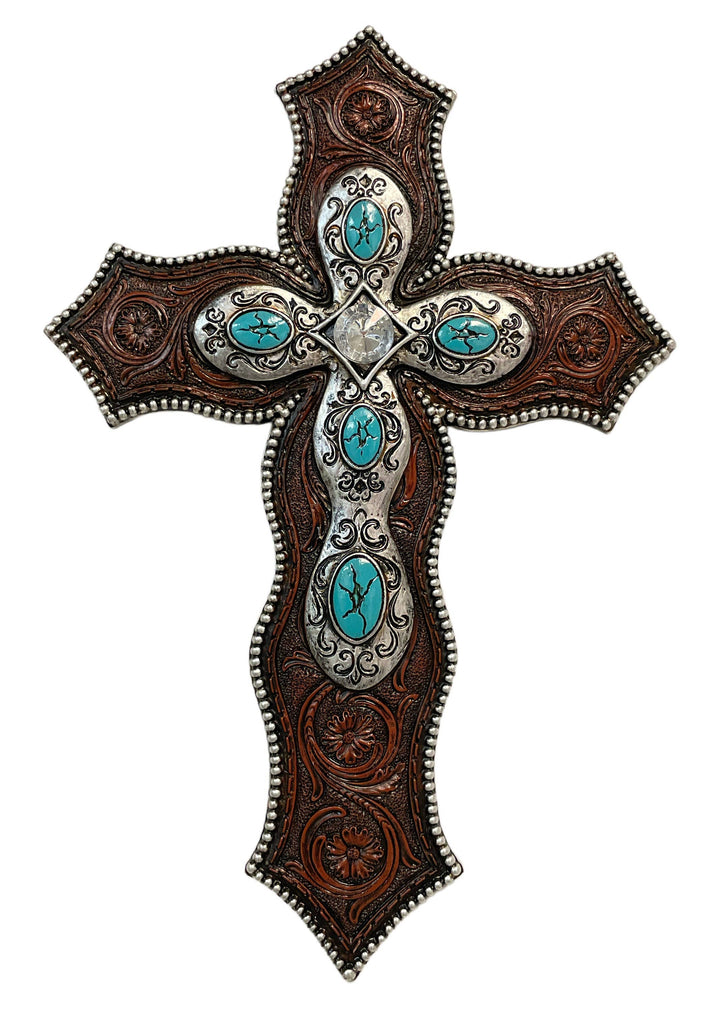 Western Decorative Cross for Wall – Turquoise & Silver Trim