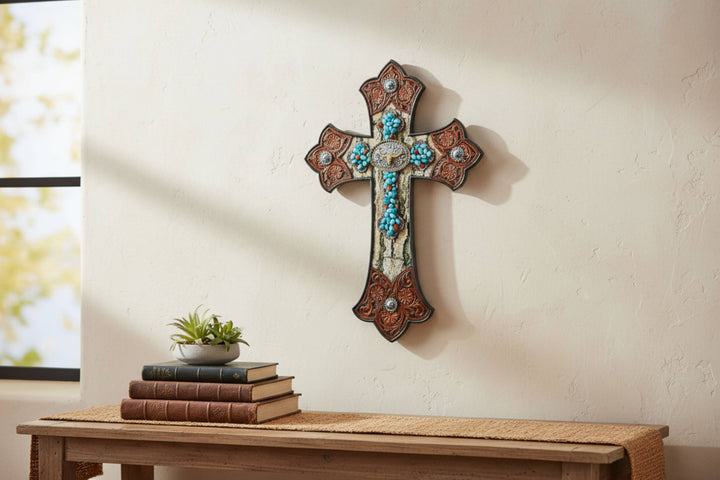 Resin Tooled Leather Longhorn Concho Turquoise Cross Décor