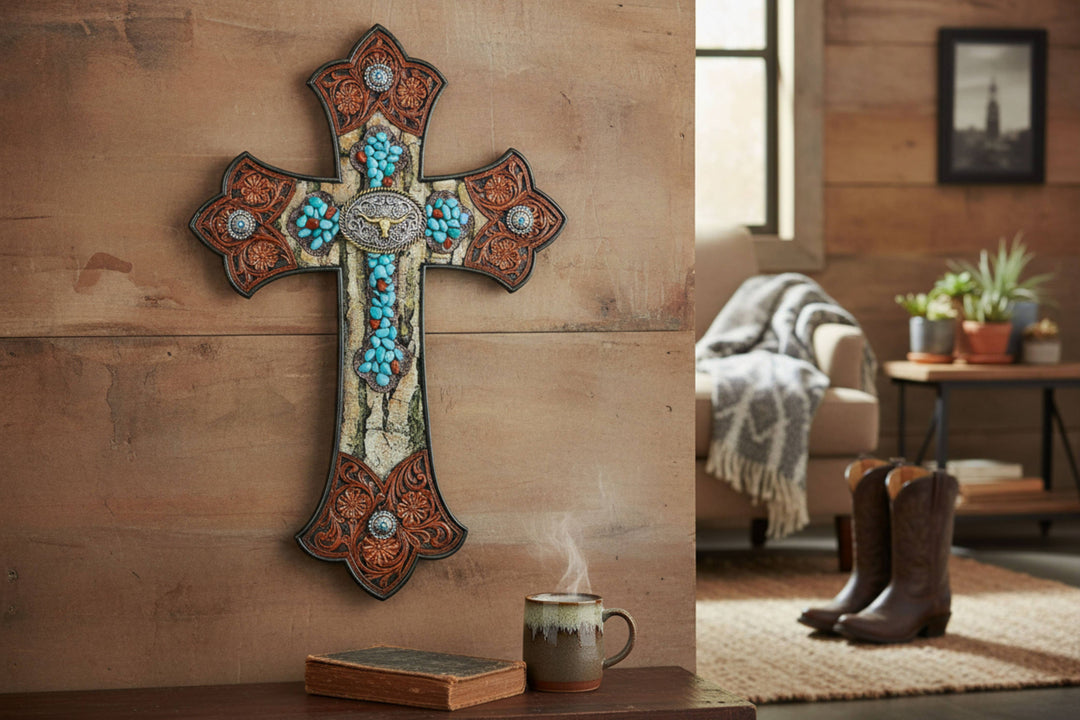 Resin Tooled Leather Longhorn Concho Turquoise Cross Décor