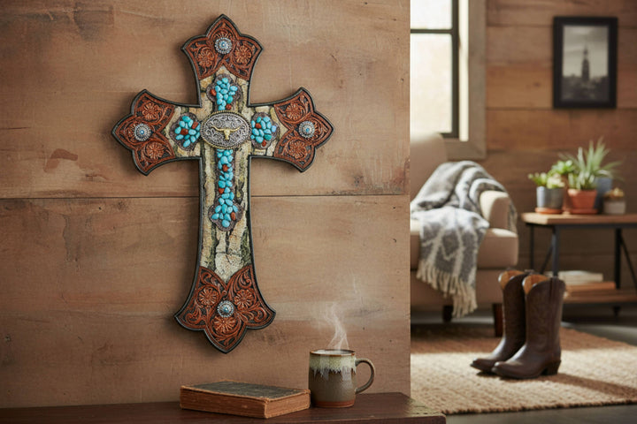 Resin Tooled Leather Longhorn Concho Turquoise Cross Décor