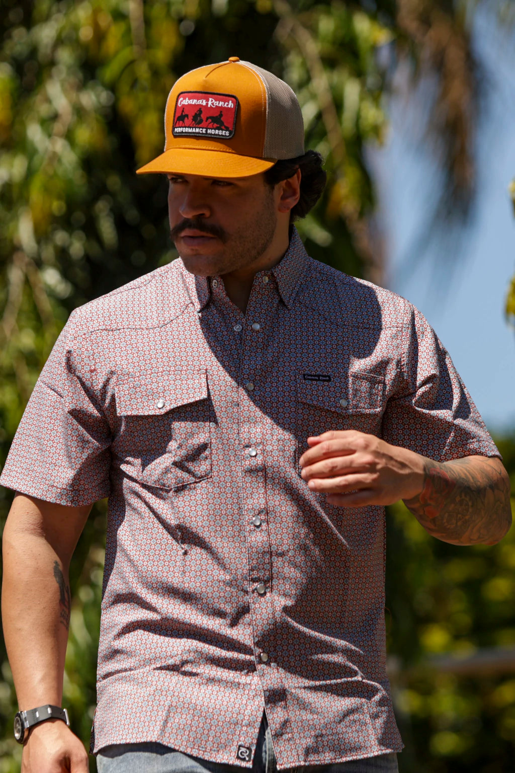 Cabana’s Ranch T-shirt Pearl Snap ( brown geometric pattern )