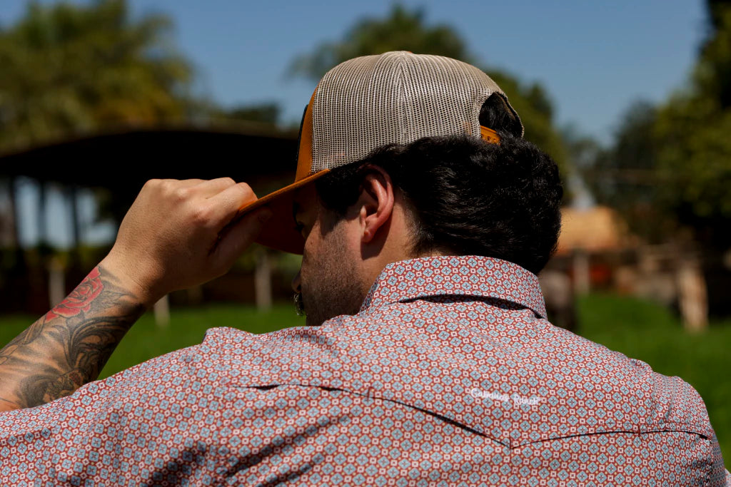 Cabana’s Ranch T-shirt Pearl Snap ( brown geometric pattern )