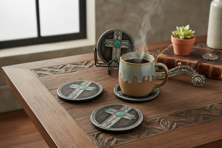 Western Cross Coaster Set with Stand